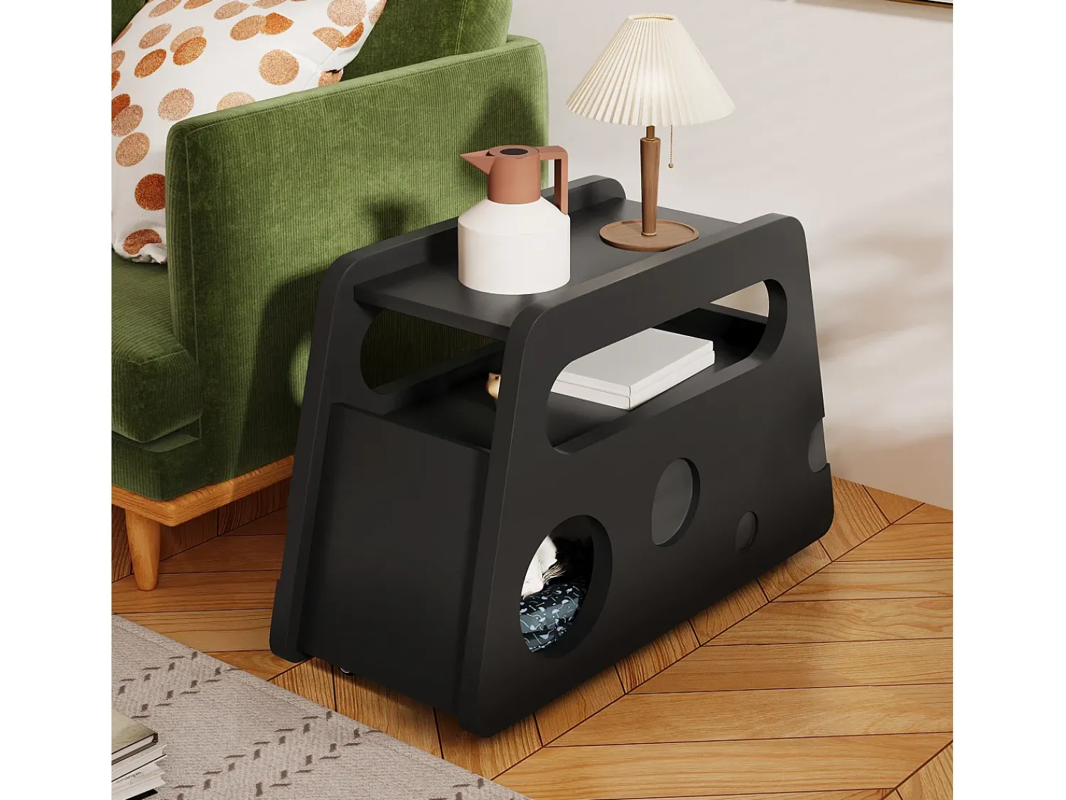 Mesa De Apoio*Merax Mesa Lateral Móvel com Prateleiras de Armazenamento, Buffet - 81x33x51,5 cm - MDF - Preto