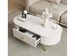 Mesa lateral para sala de estar com 2 gavetas, design curvo anticolisão, branca^ Mesa De Centro