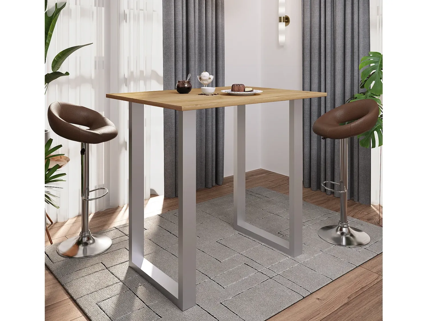 VCM Mesa Bar | Tresen | Mesa em pé | Mesa alta | Mesa Barba Bar - Xona 110x80 cm (Prata / Carvalho Mel)^ Móvel De Bar