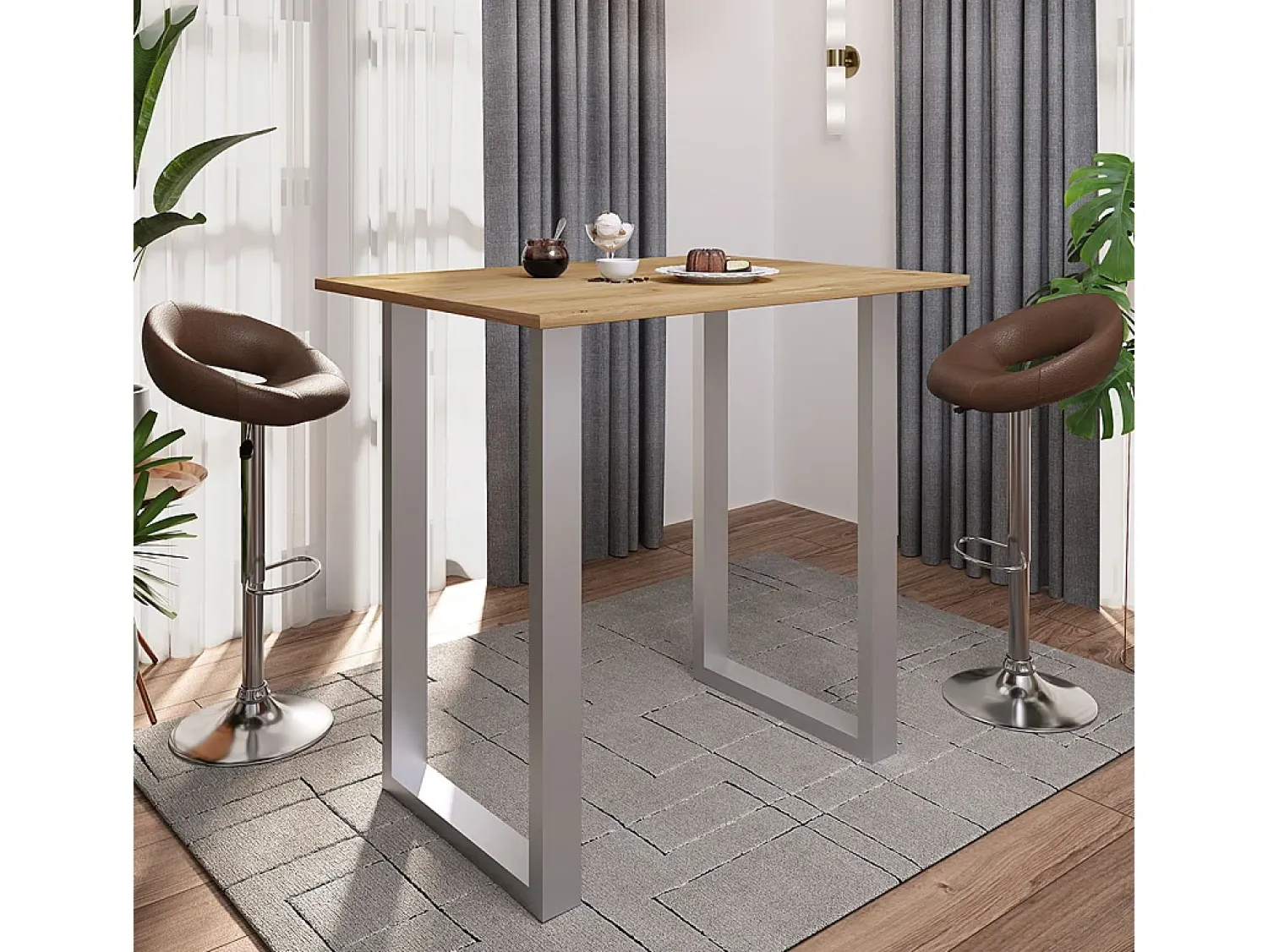 VCM Mesa Bar | Tresen | Mesa em pé | Mesa alta | Mesa Barba Bar - Xona 110x80 cm (Prata / Carvalho Mel)^ Móvel De Bar