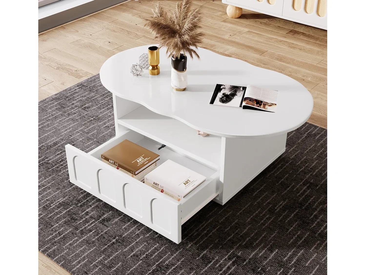 Mesa De Centro|ModernLuxe Mesa de centro com gavetas e compartimento aberto - tampo em forma de nuvem - Branco