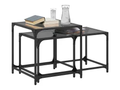 Mesa De Centro| Mesas de Café Nesting 2 peças com tampo de vidro em aço Preto