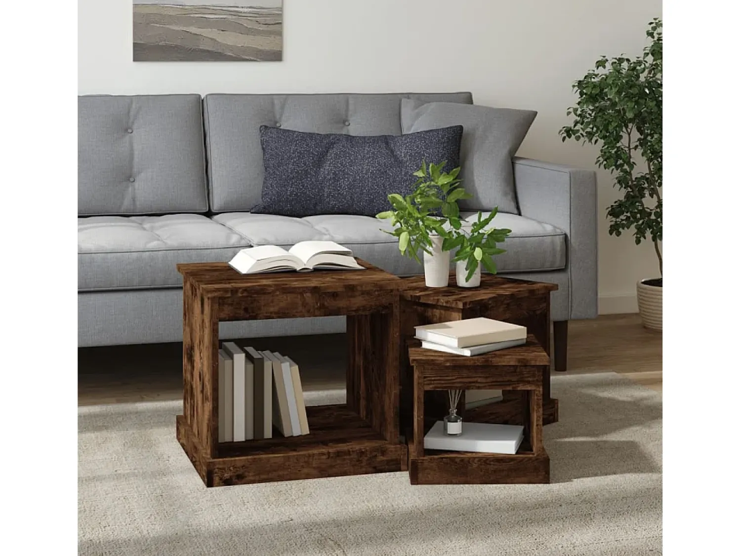 Mesa De Centro* Mesas de centro 3 pcs derivados de madeira carvalho fumado PT879245 Castanho