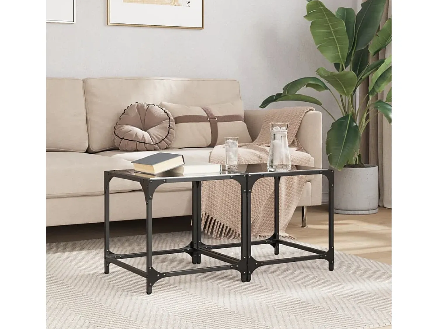 Mesa De Centro* Mesas de centro c/ topo em vidro 2 pcs 40x40x40 cm aço PT448207 Preto