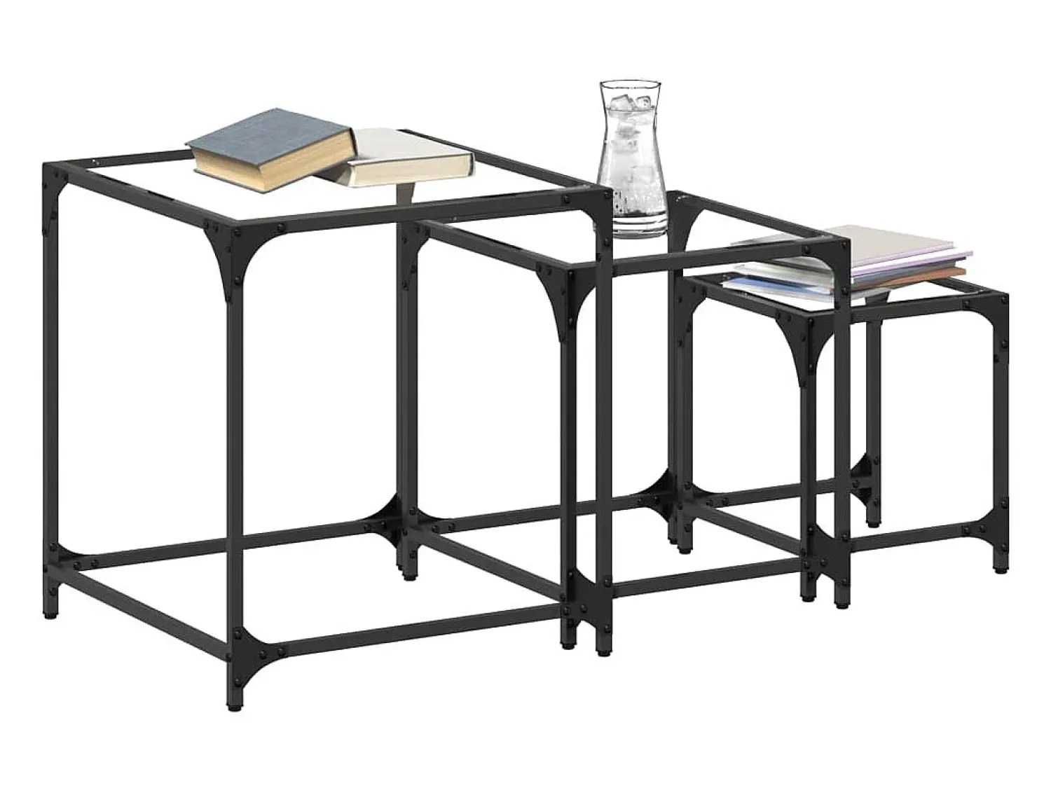 Mesa De Centro| Mesas de centro encastrar 3 pcs c/ tampo vidro aço PT288395 Transparente