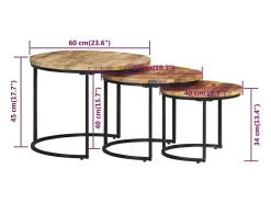 Mesa De Centro| Mesas de encaixar 3 pcs madeira de mangueira áspera Castanho