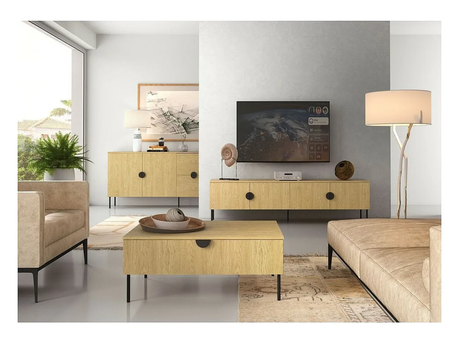 Hot Meublorama Meuble TV 4 Portes - Couleur Chêne - 200 CM - Collection MONDO Castanho