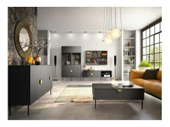 Móvel De Tv|Meublorama Meuble TV 2 Portes - noir avec poignées dorées - 160 CM - collection MONDO Preto