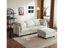 Sofá*KOMHTOM Mobiliário estofado de design moderno, sofá de 3 lugares, sofá de canto em forma de L com banco para pés, Bege
