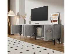 Móvel De Tv* Moderno suporte para TV de 160 cm com quatro portas, na cor cinza, com dobradiças de fechamento suave e design elegante. Ideal para a área de entretenimento. Cinzento