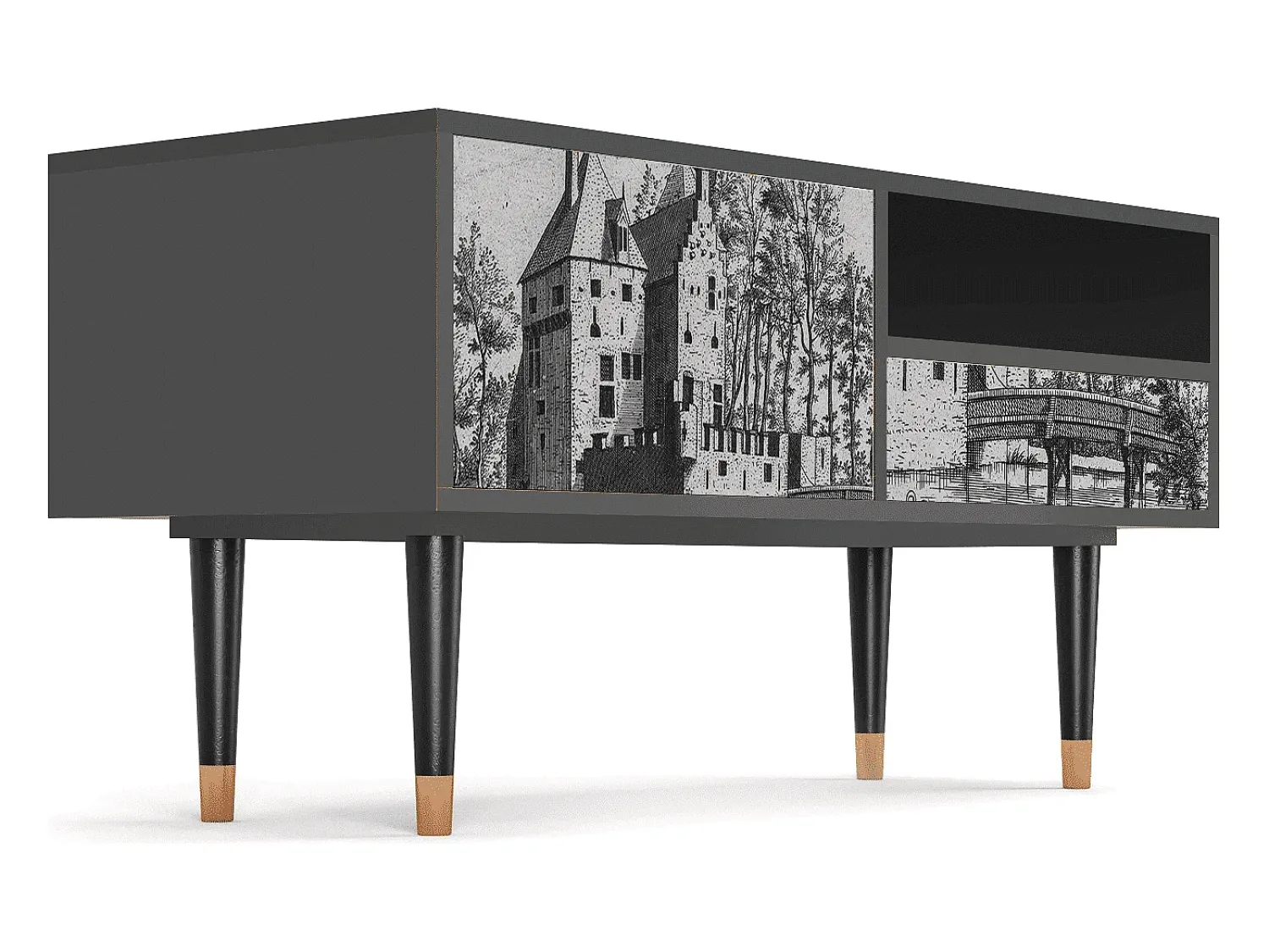 Móvel De Tv* Mueble de TV - 115х59х48 cm - T3 - Castle with Bridge, Antracite Cinza antracite
