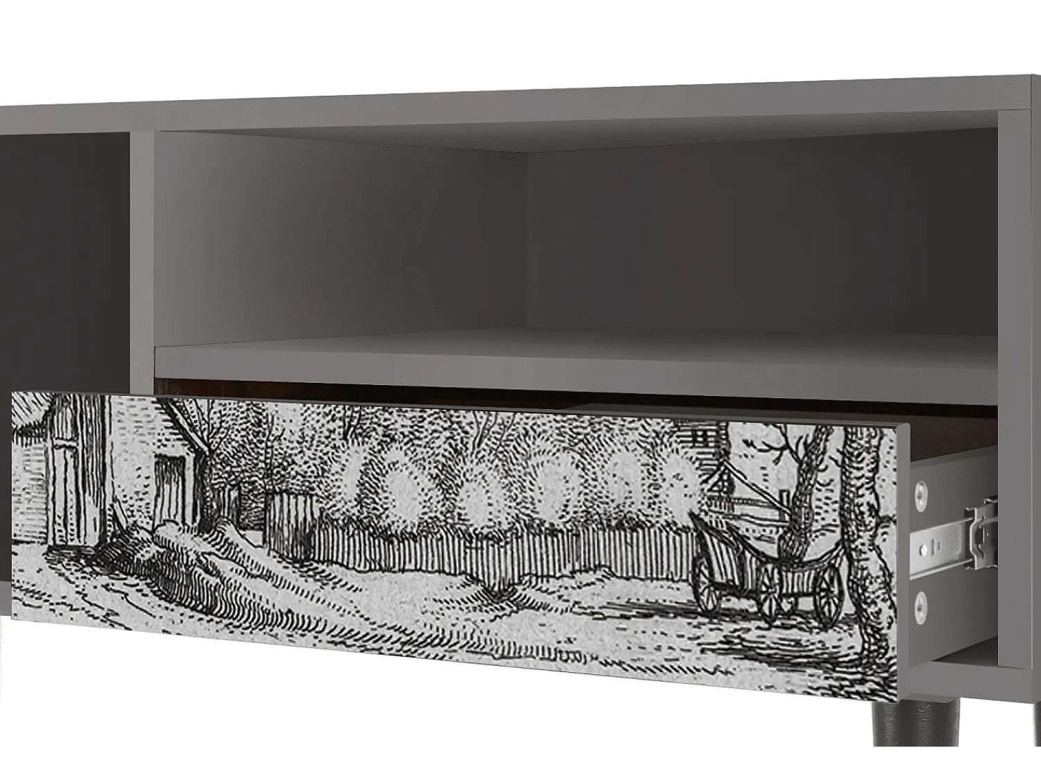 Móvel De Tv| Mueble de TV - 115х59х48 cm - T3 - Farms in a Village, Cinza Cinzento