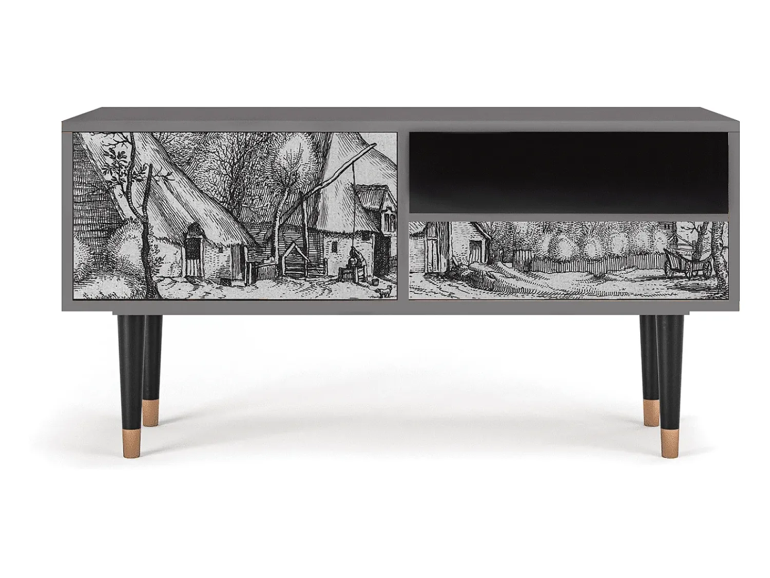 Móvel De Tv| Mueble de TV - 115х59х48 cm - T3 - Farms in a Village, Cinza Cinzento