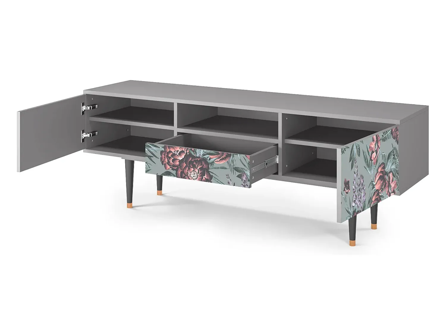 Móvel De Tv| Mueble de TV - 170х59х41 cm - T6 - Light Peonies, Cinza Cinzento