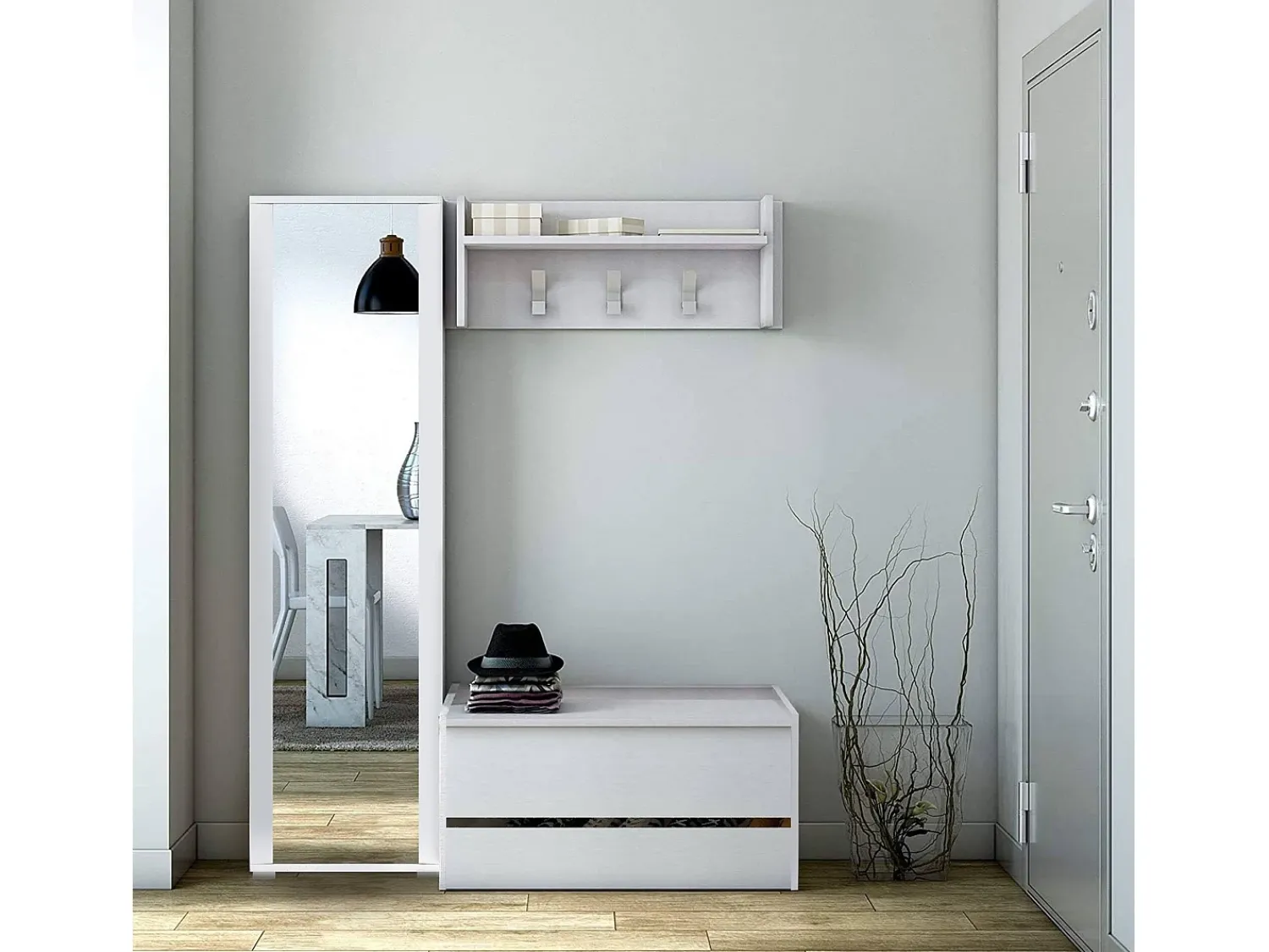 Móvel De Entrada|Dmora Móveis de entrada Brionia, Entrada moderna com cabide, Armário com sapateira, Armário multifuncional, Cm 50x32h182, Branco