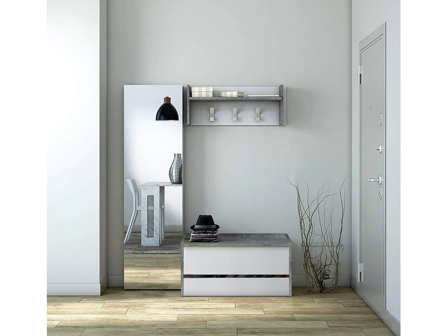 Dmora Móveis de entrada Dap, Entrada moderna com cabide, Armário com sapateira, Armário multifuncional, 50x32h182 cm, Cimento e Branco^ Móvel De Entrada