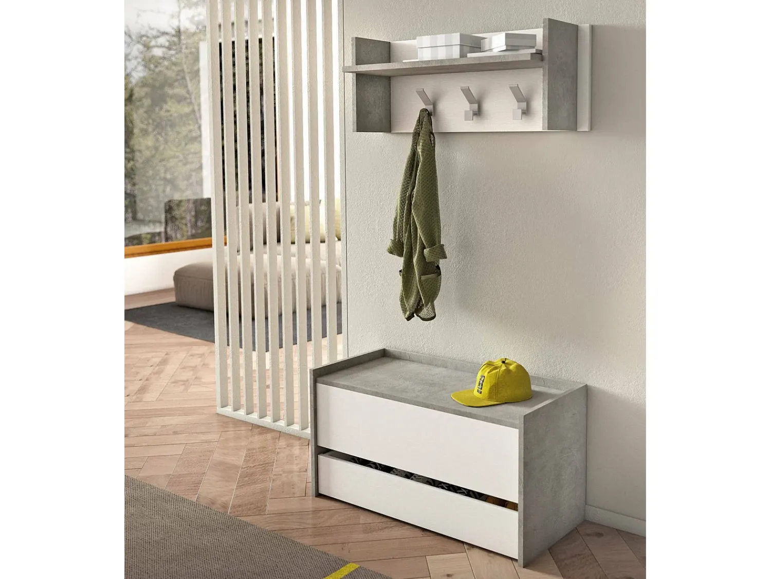 Dmora Móveis de entrada Dap, Entrada moderna com cabide, Armário com sapateira, Armário multifuncional, 50x32h182 cm, Cimento e Branco^ Móvel De Entrada