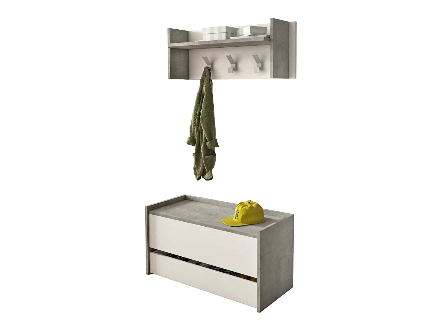 Dmora Móveis de entrada Dap, Entrada moderna com cabide, Armário com sapateira, Armário multifuncional, 50x32h182 cm, Cimento e Branco^ Móvel De Entrada