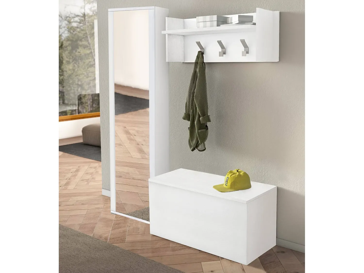 Discount Dmora Móveis de entrada Djohnse, Entrada moderna com cabide, Armário com sapateira, Armário com espelho, Cm 50x32h182, Branco