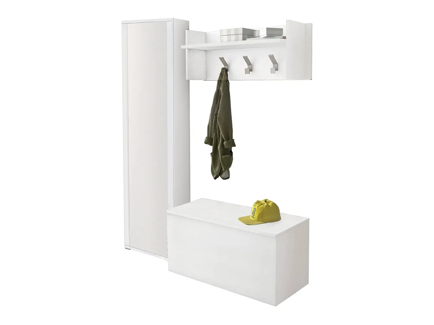 Discount Dmora Móveis de entrada Djohnse, Entrada moderna com cabide, Armário com sapateira, Armário com espelho, Cm 50x32h182, Branco