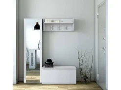 Discount Dmora Móveis de entrada Djohnse, Entrada moderna com cabide, Armário com sapateira, Armário com espelho, Cm 50x32h182, Branco