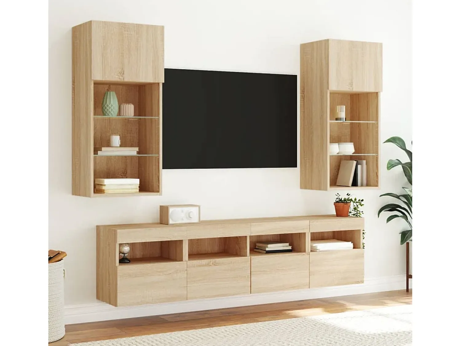 Móvel De Tv| Móveis de parede para TV com luzes LED 2 pcs carvalho sonoma PT116156 Castanho