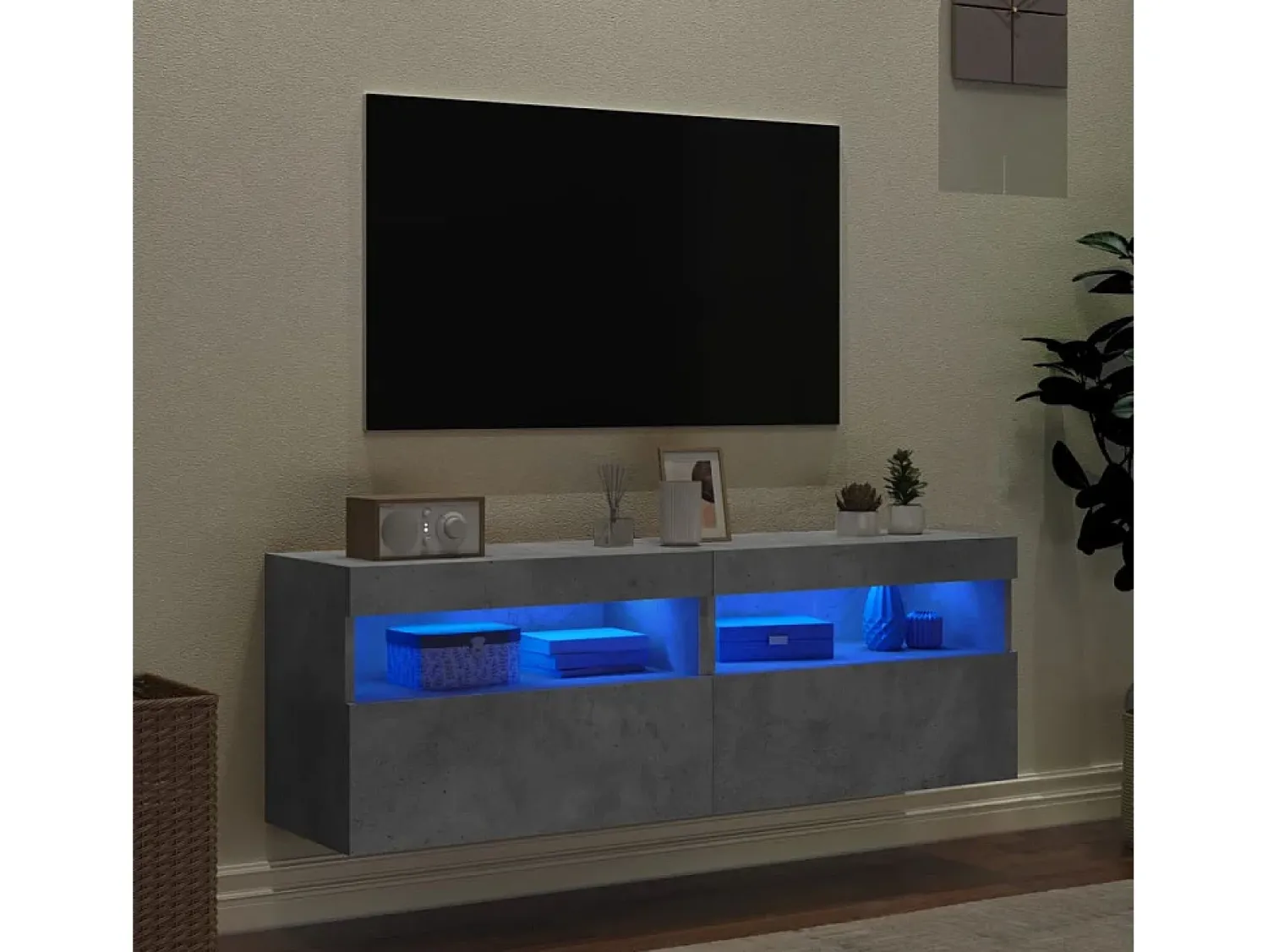 Móvel De Tv| Móveis de parede para TV com luzes LED 2 pcs cimento PT788225 Cinzento