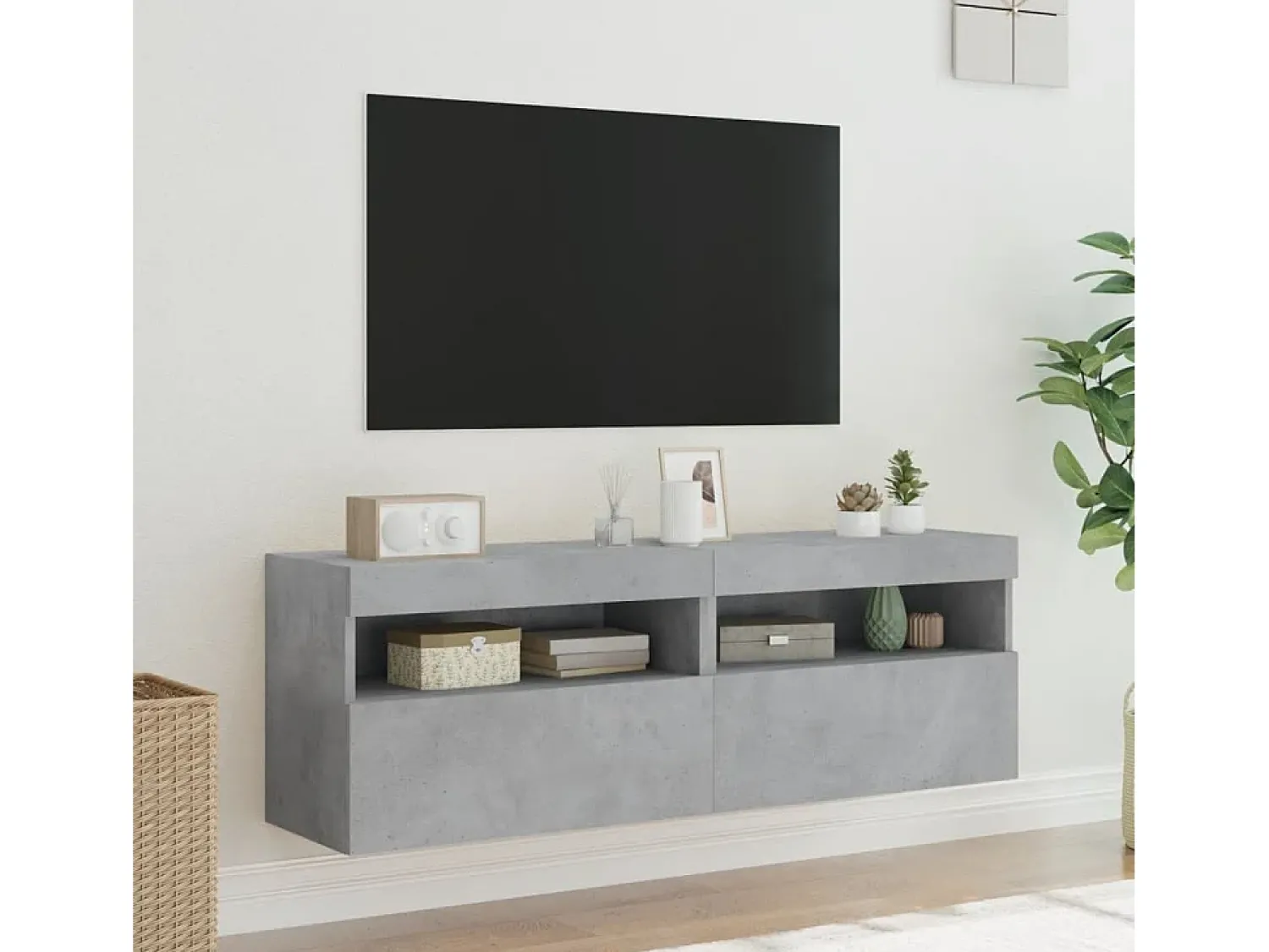 Móvel De Tv| Móveis de parede para TV com luzes LED 2 pcs cimento PT788225 Cinzento