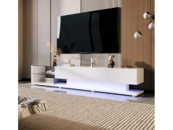 Móvel De Tv|Merax Móveis de TV com 2 gavetas e prateleiras de vidro - 170 x 36 x 38 cm - LEDs - Aglomerado - Branco