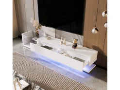 Móvel De Tv| Móveis para TV, painéis baixos, divisórias de vidro brilhante e iluminação LED variável. Combina um estilo natural e rústico com um design moderno. Branco