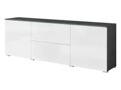 Móvel baixo de TV moderno 180 cm com LED – móvel alto para TV com gavetas e prateleiras, corpo antracite fosco, frentes branco brilho^ Móvel De Tv