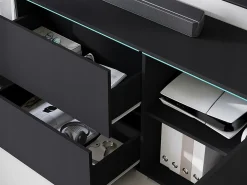Sale Móvel baixo de TV moderno 180 cm com LED – móvel alto fosco com gavetas e prateleiras, fosco Preto
