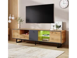 Móvel De Tv* Móvel baixo, móvel de TV para sala com efeito de luz LED, divisória em vidro, dobradiça de proteção, design com cores a condizer Natural claro