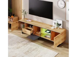 Móvel De Tv* Móvel baixo, móvel de TV para sala com efeito de luz LED, divisória em vidro, dobradiça de proteção, design com cores a condizer Natural claro