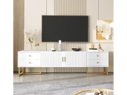 Móvel De Tv* Móvel baixo para TV, 175 cm de comprimento, com 4 gavetas e portas, suporte para TV com pés de metal dourado, . Branco