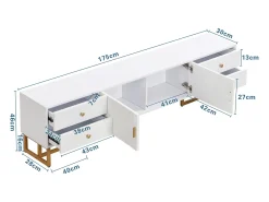Móvel De Tv* Móvel baixo para TV, 175 cm de comprimento, com 4 gavetas e portas, suporte para TV com pés de metal dourado, . Branco