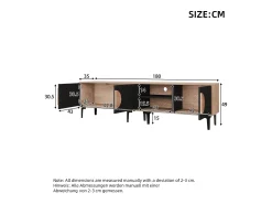 Móvel De Tv| Móvel baixo para TV, 180×35×49 cm, madeira/, com 2 armários e nichos abertos, para TVs de até 80". Preto