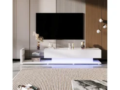 New Móvel baixo para TV com iluminação LED, tampo de vidro e 2 gavetas grandes, ideal para sala de estar ou sala de jantar, . Branco