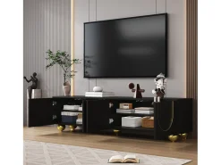 Móvel baixo para TV com portas texturizadas, gavetas e prateleiras abertas, puxadores e pés dourados,^ Móvel De Tv
