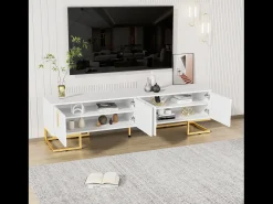 Móvel De Tv| Móvel baixo para TV com porta texturizada, puxadores e pés dourados, para sala de estar, 170x40x45 cm, Branco