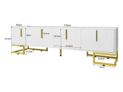 Móvel De Tv| Móvel baixo para TV com porta texturizada, puxadores e pés dourados, para sala de estar, 170x40x45 cm, Branco