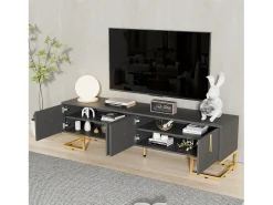 Móvel baixo para TV com porta texturizada, puxadores e pés dourados, para sala de estar, 170x40x45 cm, cinza^ Móvel De Tv