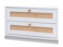 Móvel De Tv| Móvel baixo para TV em madeira maciça e rattan - 2 gavetas, 2 portas de correr - Para sala de estar - Cor natural Branco