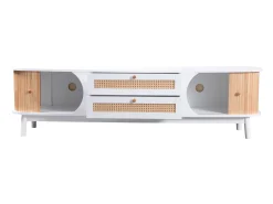 Móvel De Tv| Móvel baixo para TV em madeira maciça e rattan - 2 gavetas, 2 portas de correr - Para sala de estar - Cor natural Branco