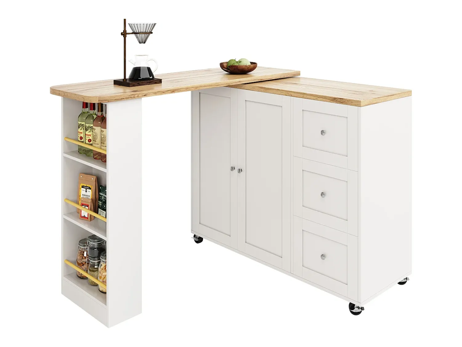 Discount Merax Móvel bar giratório - 2 portas, 2 gavetas e prateleiras de arrumação - 138/209 x 39 x 104 cm - Madeira MDF e vidro - + natural Branco
