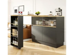 Móvel De Bar|Merax Móvel bar giratório - 120 x 90 x 103 cm - com prateleiras e vidro + 4 portas - MDF - Preto