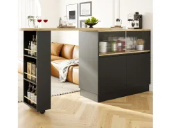 Móvel De Bar|Merax Móvel bar giratório - 120 x 90 x 103 cm - com prateleiras e vidro + 4 portas - MDF - Preto