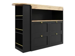 Online Hauss Spole Móvel bar giratório com 4 gavetas e 1 nicho, corpo com tampo em folheado de madeira - 138x39x104cm Preto