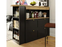 Online Hauss Spole Móvel bar giratório com 4 gavetas e 1 nicho, corpo com tampo em folheado de madeira - 138x39x104cm Preto