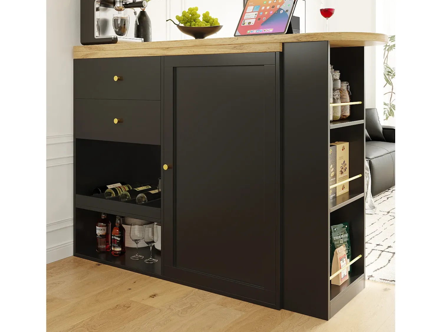 Móvel De Bar|Hauss Spole Móvel bar giratório com 2 gavetas, 1 porta e 2 nichos, corpo com tampo em folheado de madeira - 138x39x104cm Preto